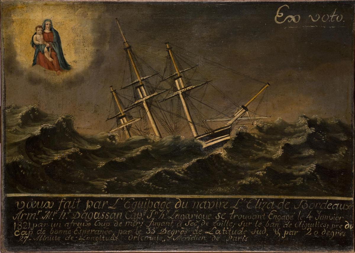 Le navire l'Eliza de Bordeaux engagé dans une mer déchainée, 1821. Photographie de Lysiane Gauthier, mairie de Bordeaux