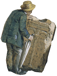 Camille de Mensillac étudiant une stèle 