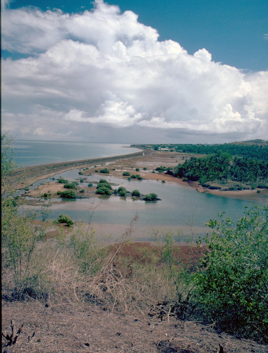 Vue de la plage des Badamiers (Petite Terre, Mayotte) avec l’ensemble funéraire de Bagamoyo. Photographie de Patrice Courtaud.